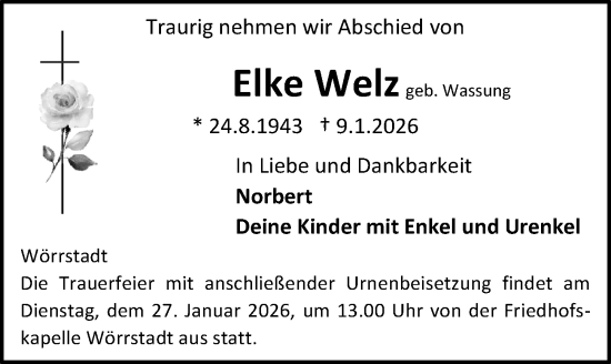 Traueranzeige von Elke Welz von Allgemeine Zeitung Alzey