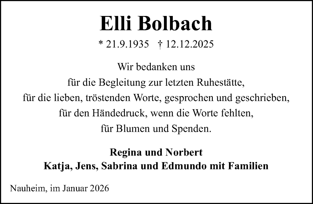  Traueranzeige für Elli Bolbach vom 28.01.2026 aus Groß-Gerauer Echo