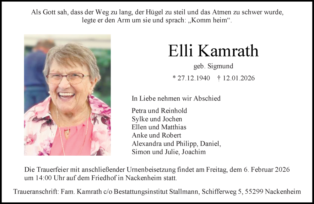  Traueranzeige für Elli Kamrath vom 31.01.2026 aus Allgemeine Zeitung Mainz