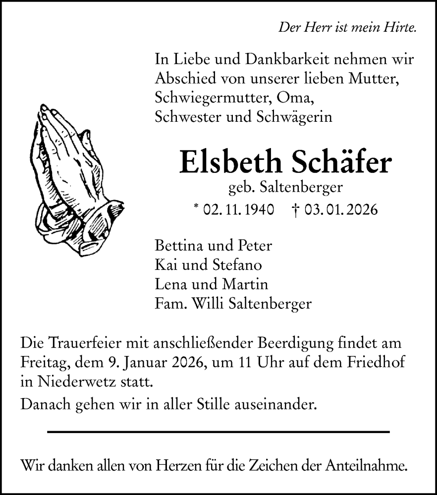  Traueranzeige für Elsbeth Schäfer vom 07.01.2026 aus Wetzlarer Neue Zeitung