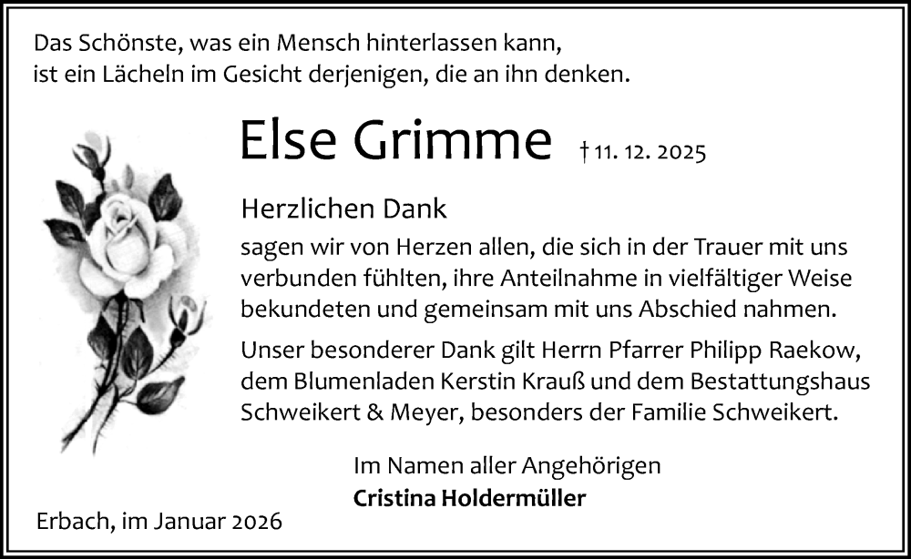  Traueranzeige für Else Grimme vom 31.01.2026 aus Odenwälder Echo