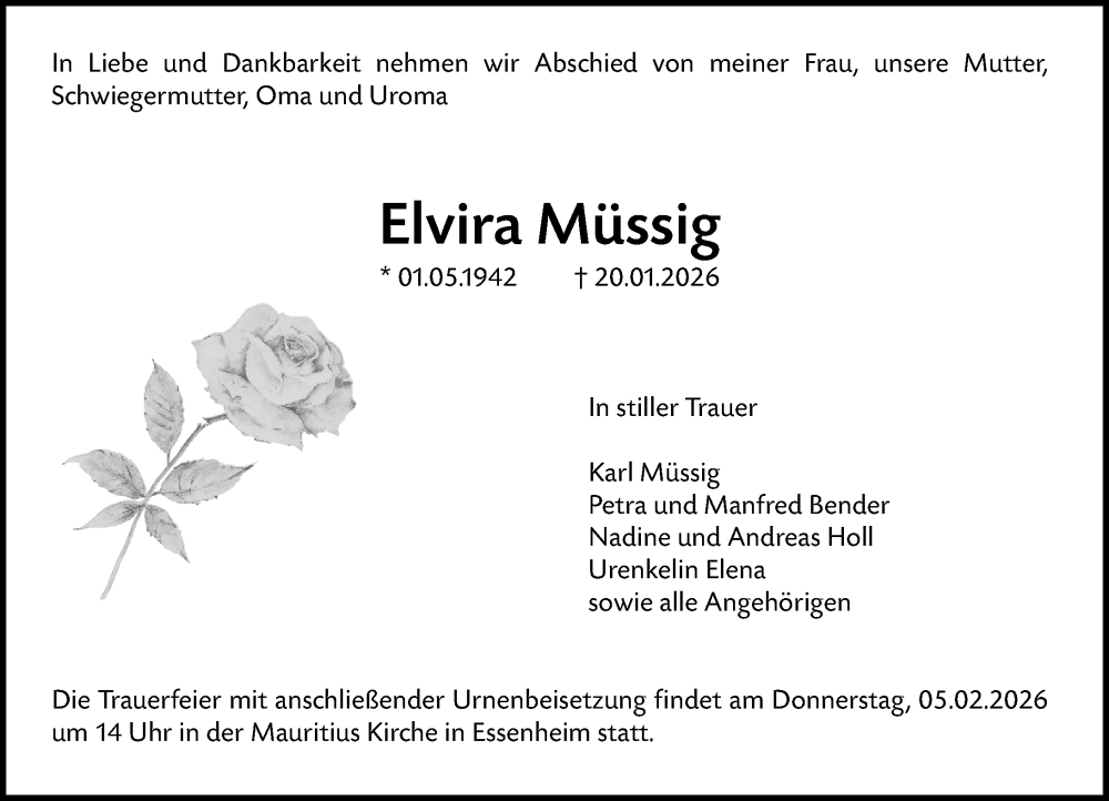  Traueranzeige für Elvira Müssig vom 31.01.2026 aus Allgemeine Zeitung Mainz