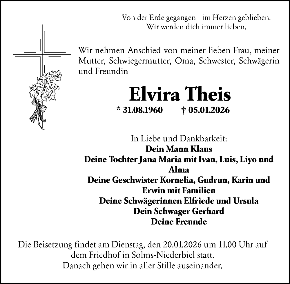  Traueranzeige für Elvira Theis vom 17.01.2026 aus Wetzlarer Neue Zeitung