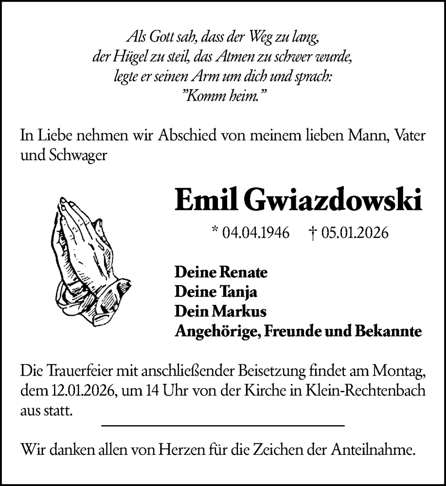  Traueranzeige für Emil Gwiazdowski vom 10.01.2026 aus Wetzlarer Neue Zeitung