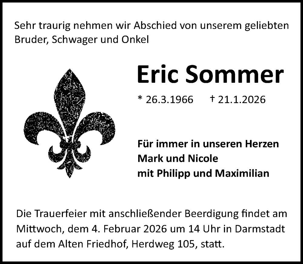 Traueranzeige für Eric Sommer vom 31.01.2026 aus Darmstädter Echo