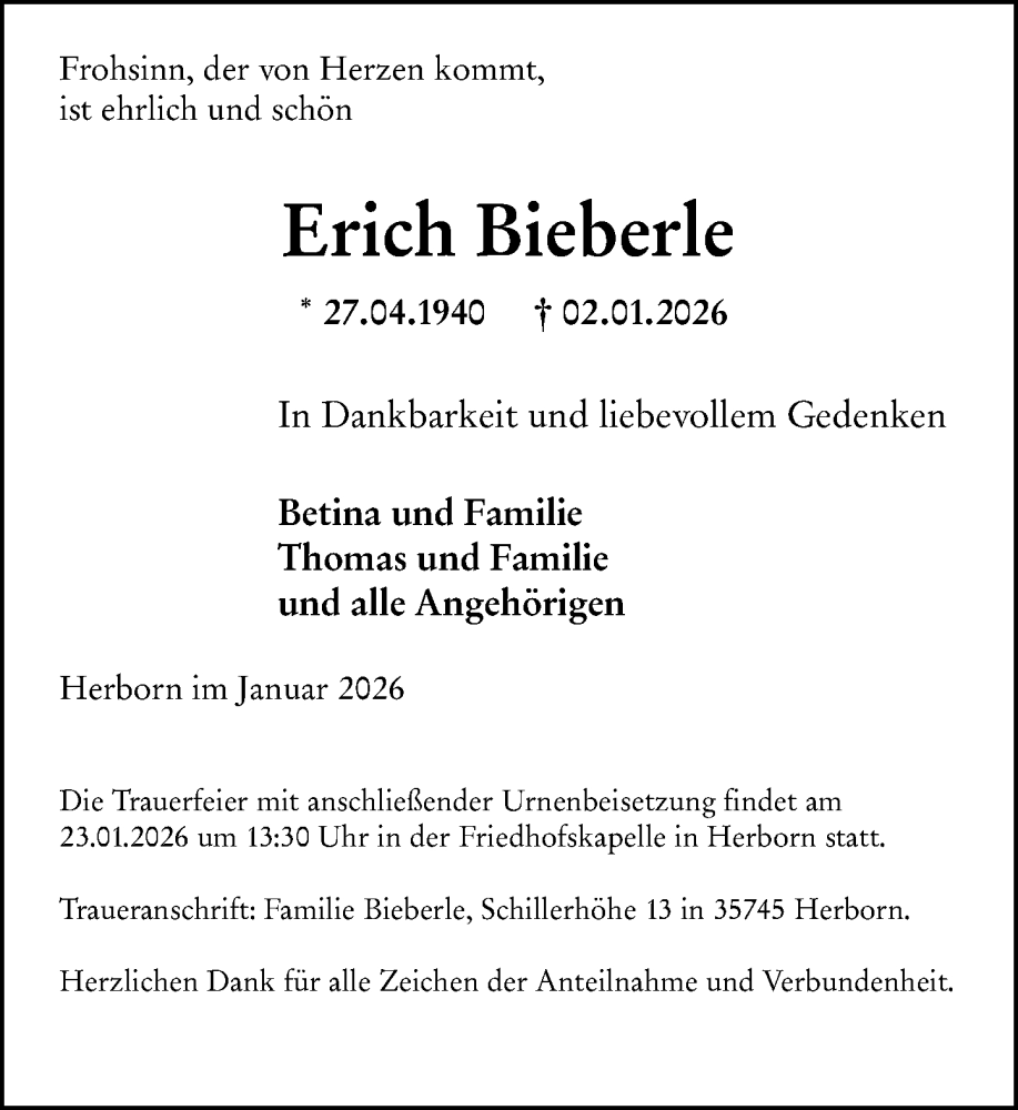  Traueranzeige für Erich Bieberle vom 16.01.2026 aus Dill Block