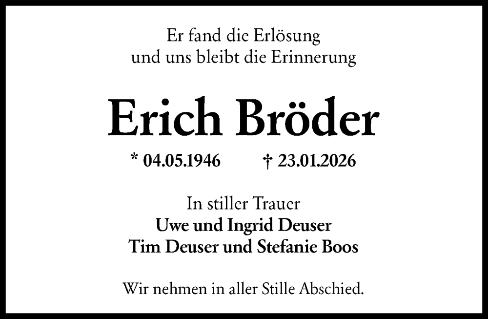 Traueranzeige für Erich Bröder vom 31.01.2026 aus Wiesbadener Kurier