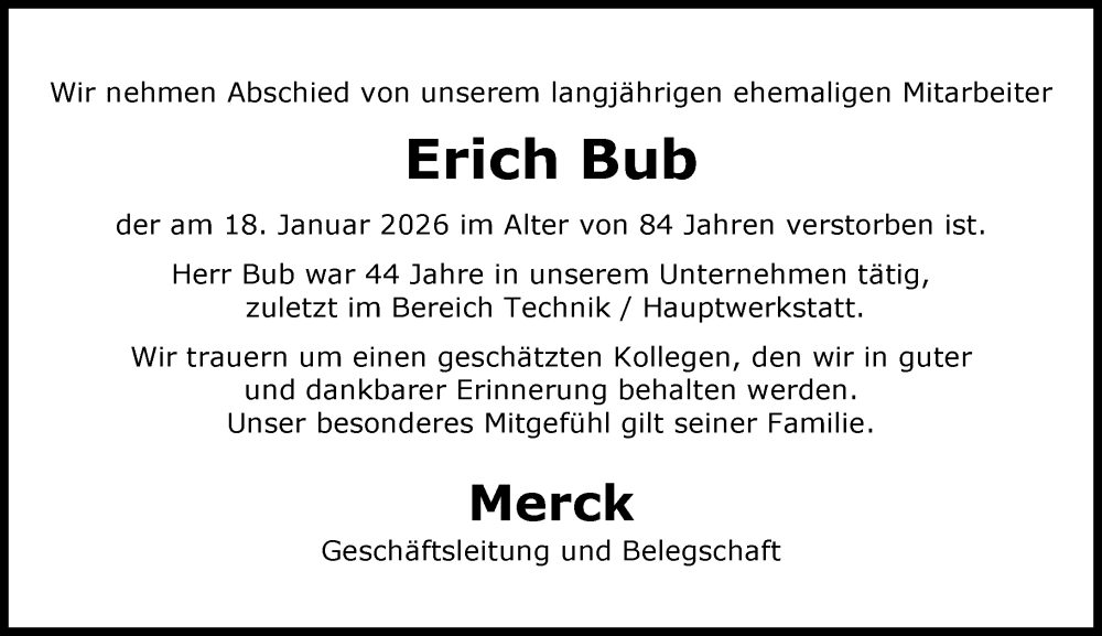  Traueranzeige für Erich Bub vom 31.01.2026 aus Darmstädter Echo