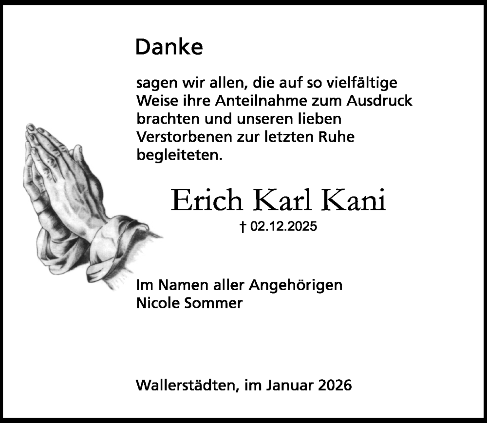  Traueranzeige für Erich Karl Kani vom 24.01.2026 aus Groß-Gerauer Echo