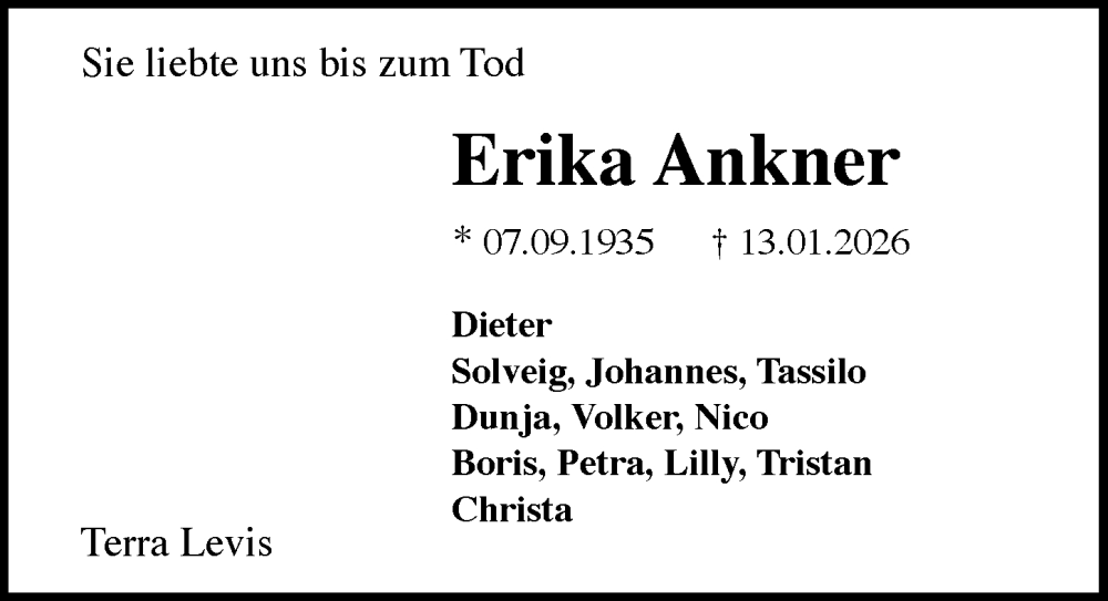 Traueranzeige für Erika Ankner vom 17.01.2026 aus Rheingau Kurier