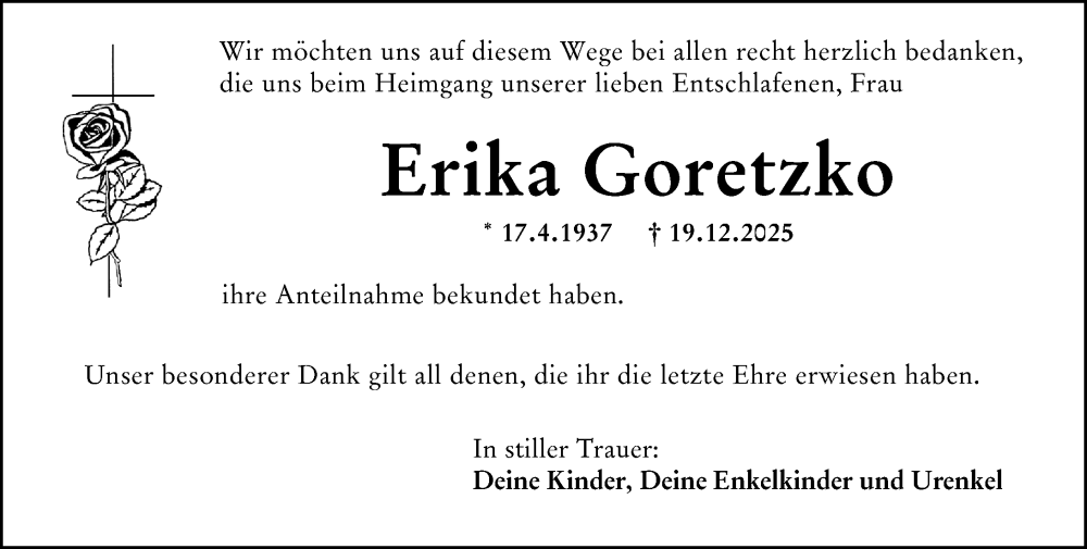  Traueranzeige für Erika Goretzko vom 16.01.2026 aus Hochheimer Zeitung
