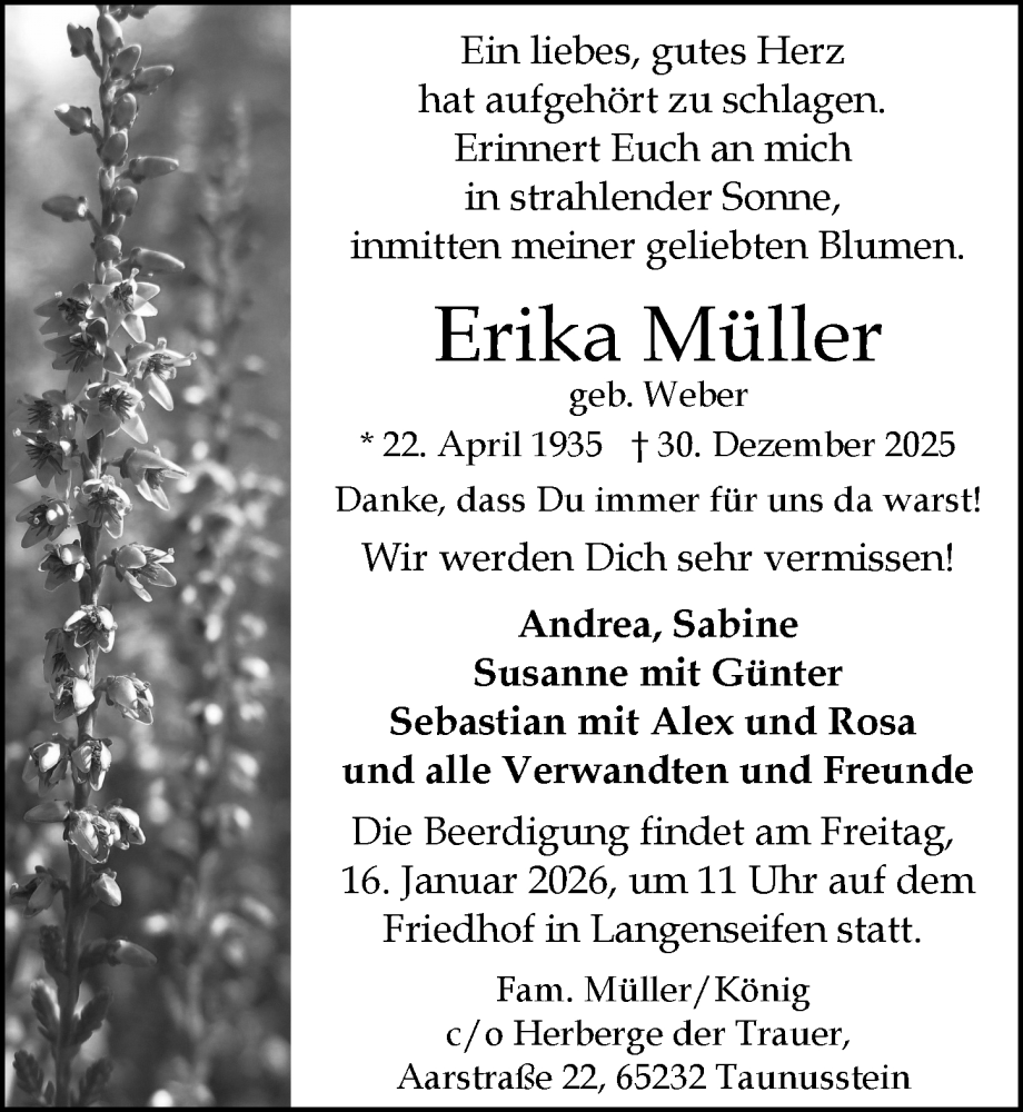  Traueranzeige für Erika Müller vom 10.01.2026 aus Idsteiner Land/Untertaunus