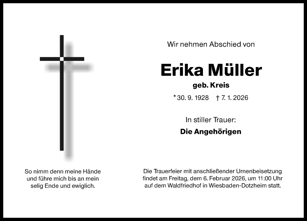  Traueranzeige für Erika Müller vom 17.01.2026 aus Wiesbadener Kurier