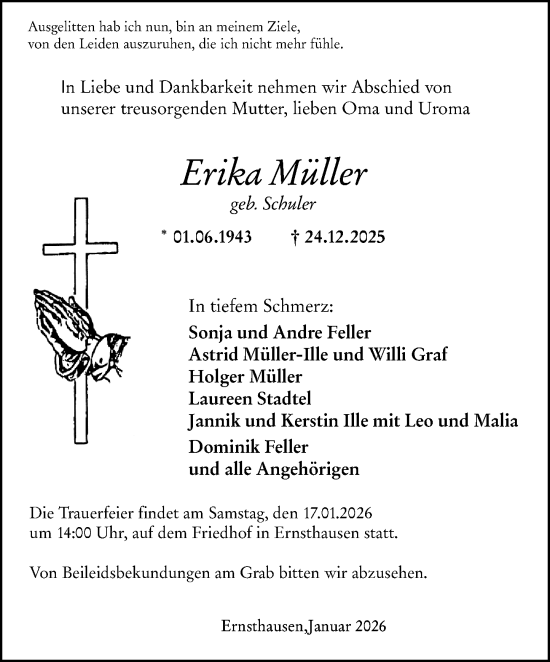 Traueranzeige von Erika Müller von Weilburger Tageblatt