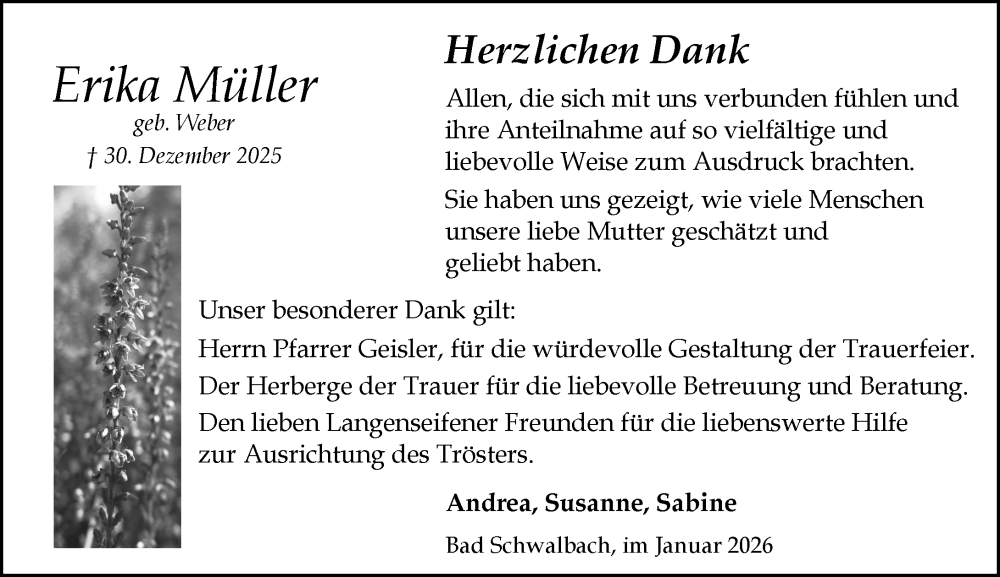  Traueranzeige für Erika Müller vom 31.01.2026 aus Wiesbadener Kurier