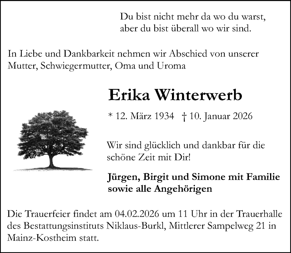  Traueranzeige für Erika Winterwerb vom 31.01.2026 aus Allgemeine Zeitung Mainz