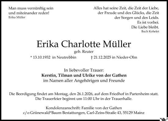 Traueranzeige von Erika Charlotte Müller von Allgemeine Zeitung Mainz
