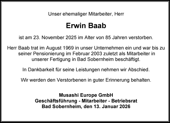 Traueranzeige von Erwin Baab von Allgemeine Zeitung Rheinhessen-Nahe
