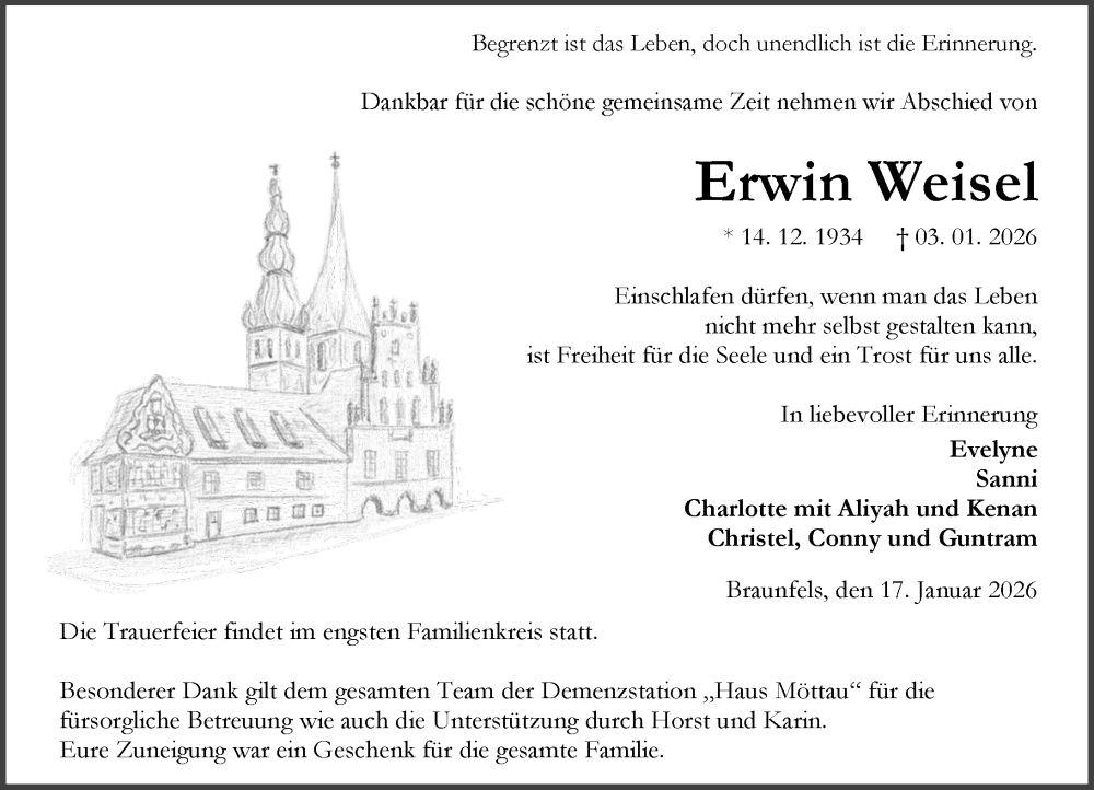  Traueranzeige für Erwin Weisel vom 17.01.2026 aus Wetzlarer Neue Zeitung