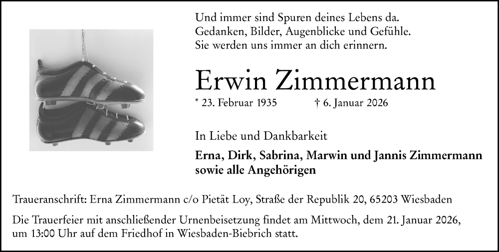  Traueranzeige für Erwin Zimmermann vom 17.01.2026 aus Wiesbadener Kurier