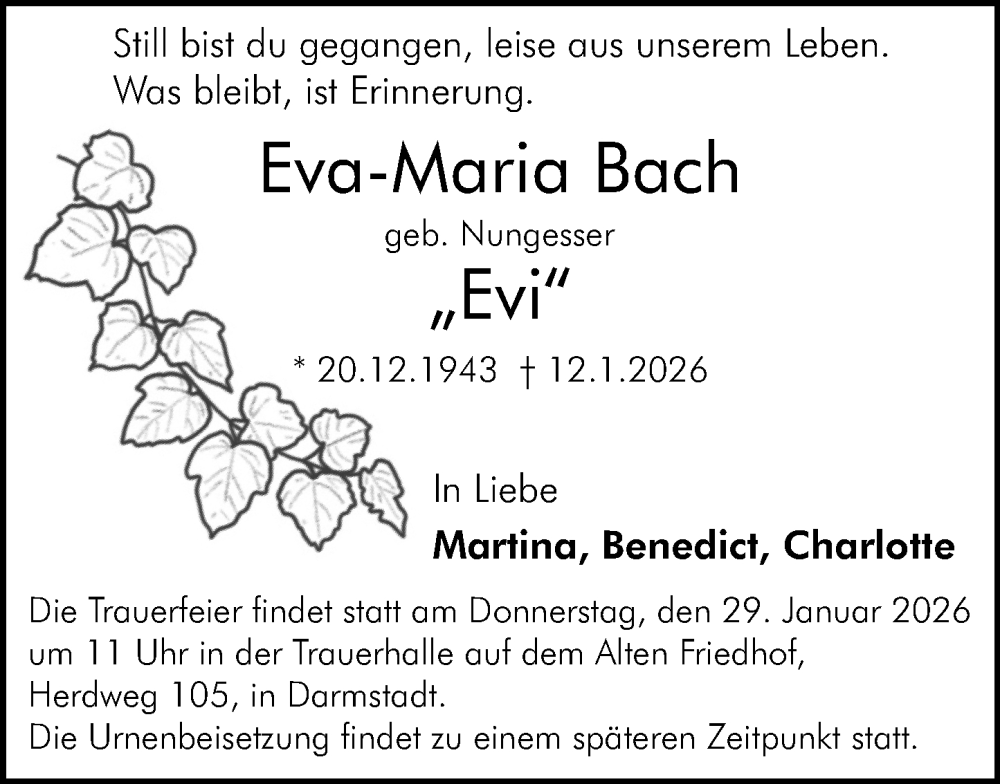  Traueranzeige für Eva-Maria Bach vom 24.01.2026 aus Darmstädter Echo
