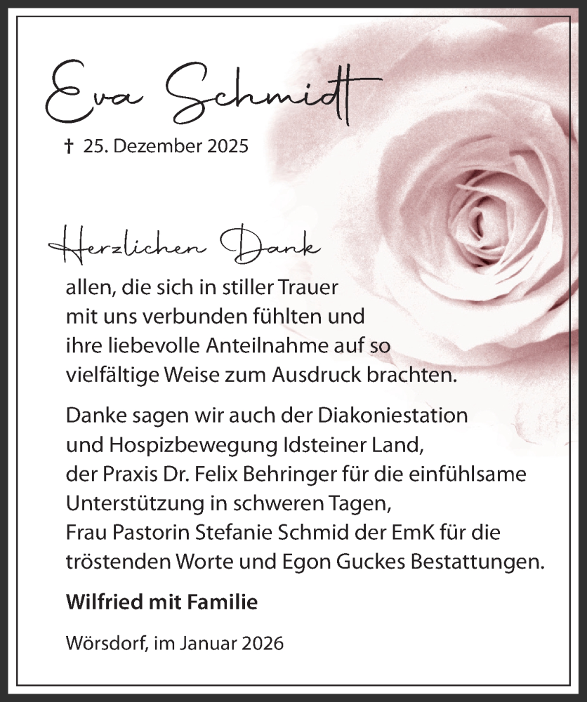  Traueranzeige für Eva Schmidt vom 24.01.2026 aus Idsteiner Land/Untertaunus