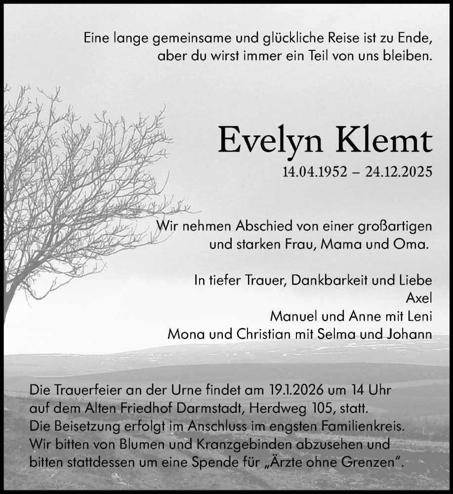  Traueranzeige für Evelyn Klemt vom 10.01.2026 aus Darmstädter Echo