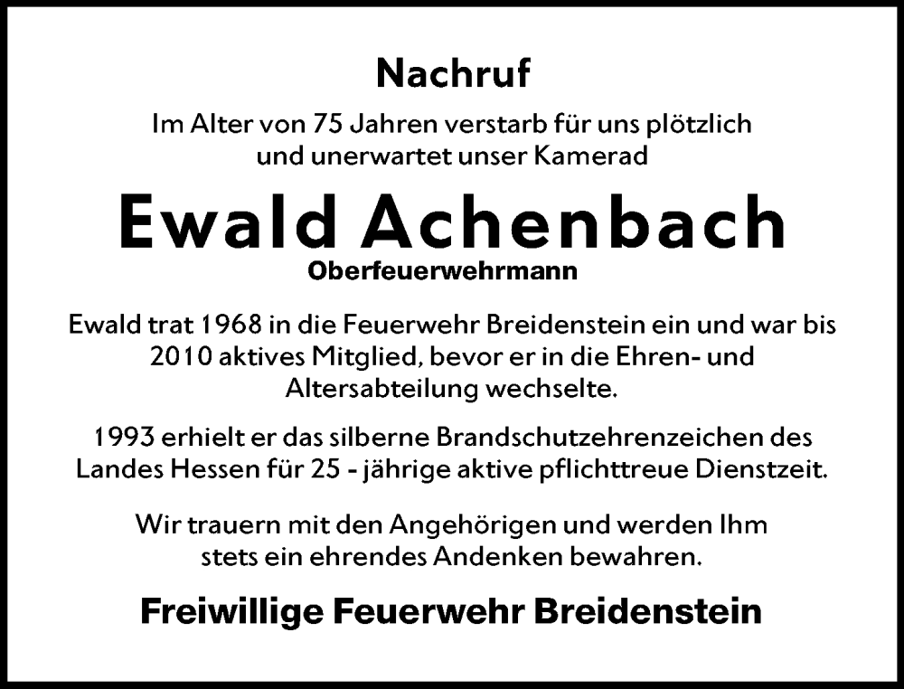  Traueranzeige für Ewald Achenbach vom 29.01.2026 aus Hinterländer Anzeiger