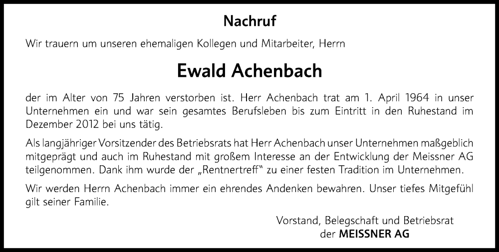  Traueranzeige für Ewald Achenbach vom 15.01.2026 aus Hinterländer Anzeiger