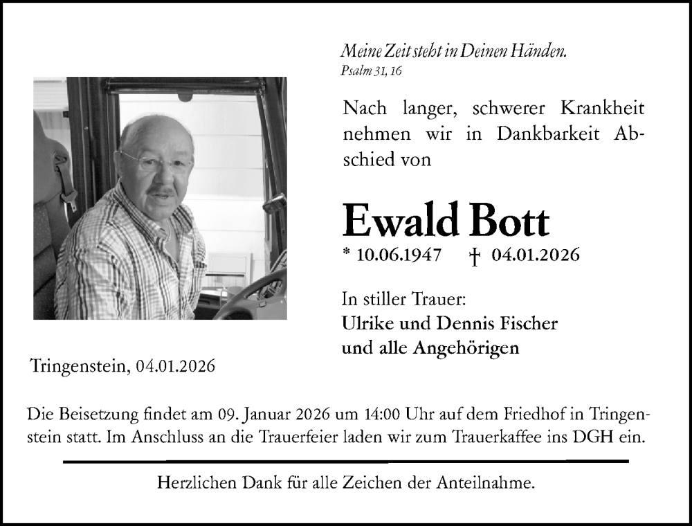  Traueranzeige für Ewald Bott vom 07.01.2026 aus Dill Block