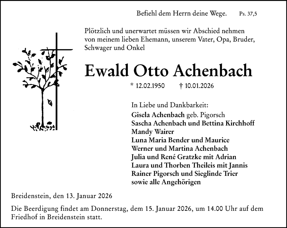  Traueranzeige für Ewald Otto Achenbach vom 13.01.2026 aus Hinterländer Anzeiger