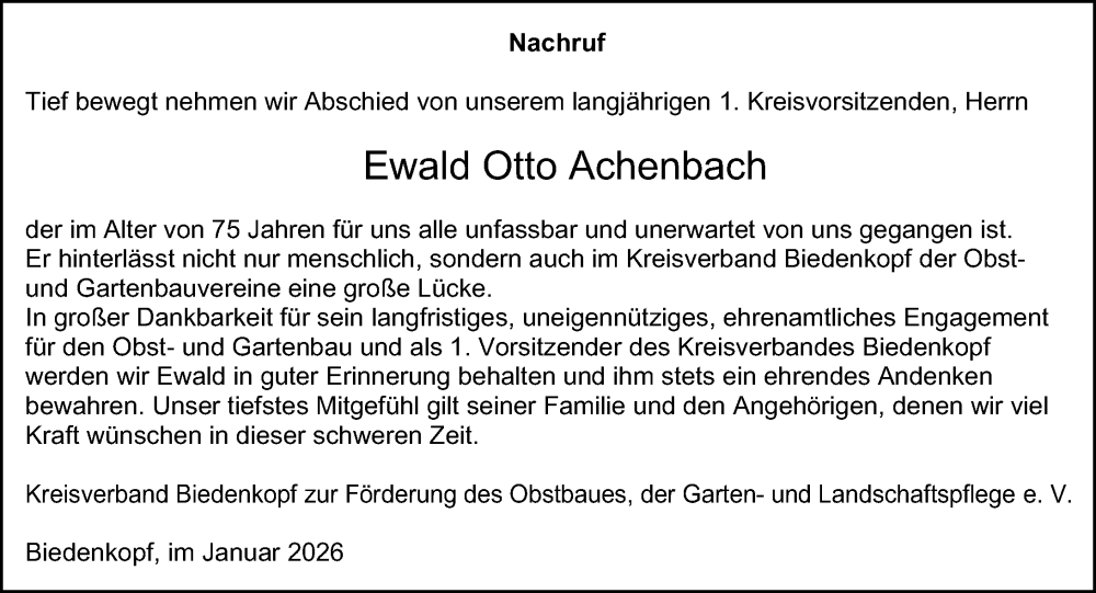  Traueranzeige für Ewald Otto Achenbach vom 16.01.2026 aus Hinterländer Anzeiger