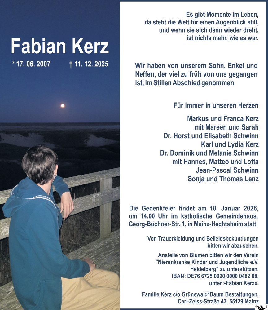  Traueranzeige für Fabian Kerz vom 03.01.2026 aus Allgemeine Zeitung Mainz