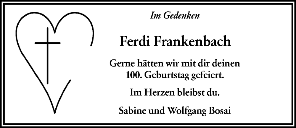  Traueranzeige für Ferdi Frankenbach vom 27.01.2026 aus Allgemeine Zeitung Mainz