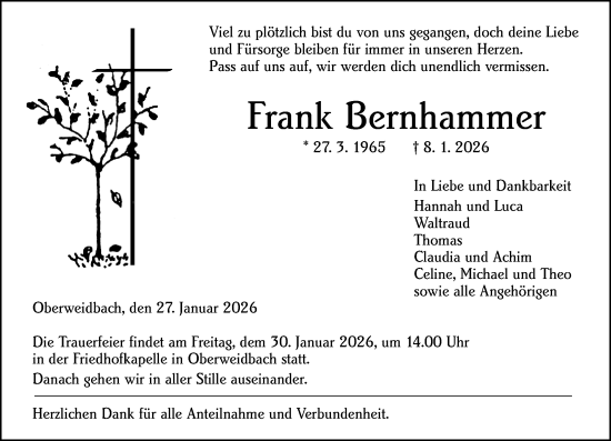 Traueranzeige von Frank Bernhammer von Hinterländer Anzeiger