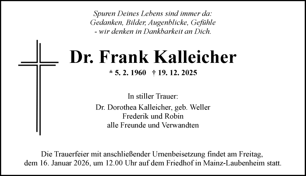 Traueranzeige für Frank Kalleicher vom 10.01.2026 aus Allgemeine Zeitung Mainz