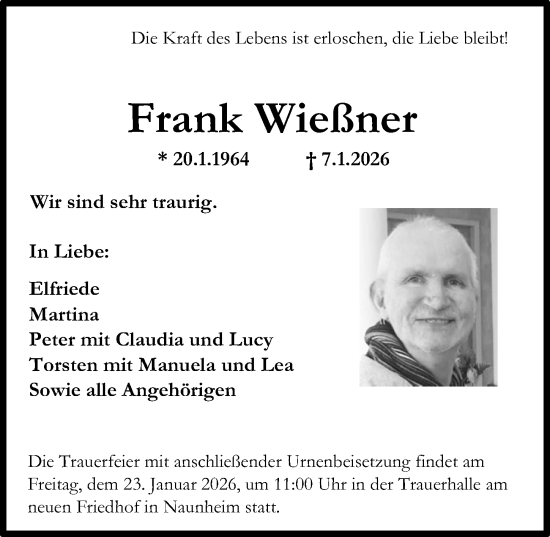 Traueranzeige von Frank Wießner von Wetzlarer Neue Zeitung