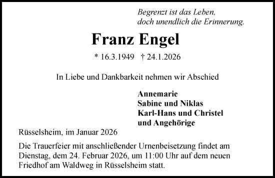 Traueranzeige von Franz Engel von Rüsselsheimer Echo