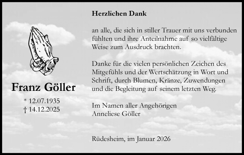  Traueranzeige für Franz Göller vom 31.01.2026 aus Rheingau Kurier