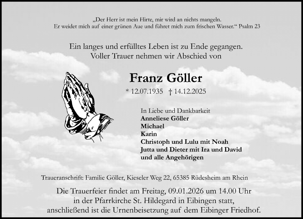  Traueranzeige für Franz Göller vom 02.01.2026 aus Rheingau Kurier
