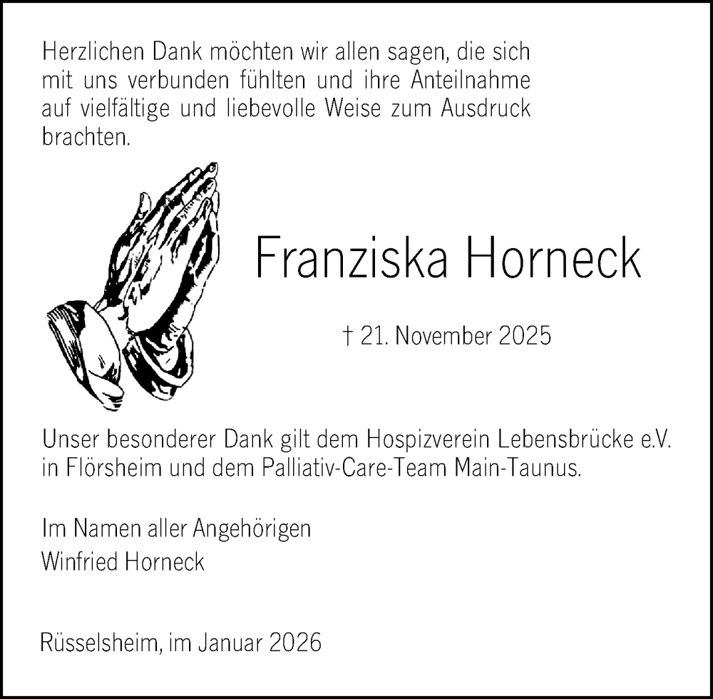  Traueranzeige für Franziska Horneck vom 10.01.2026 aus Rüsselsheimer Echo
