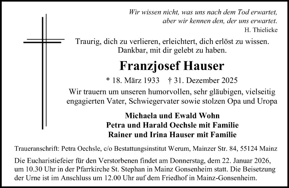  Traueranzeige für Franzjosef Hauser vom 17.01.2026 aus Allgemeine Zeitung Mainz