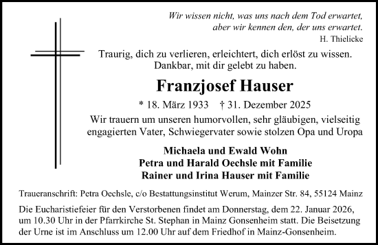 Traueranzeige von Franzjosef Hauser von Allgemeine Zeitung Mainz