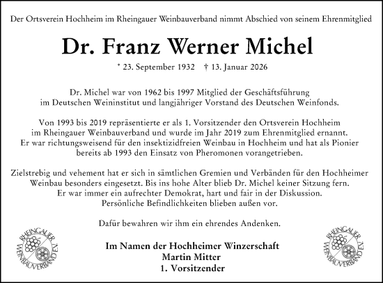 Traueranzeige von Franz Werner Michel von Hochheimer Zeitung