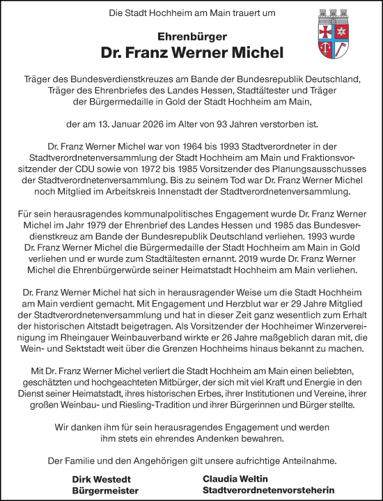 Traueranzeige von Franz Werner Michel von Hochheimer Zeitung
