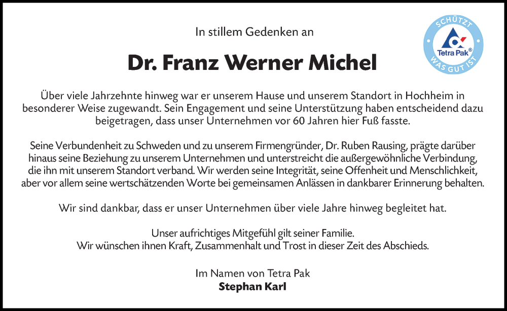  Traueranzeige für Franz Werner Michel vom 23.01.2026 aus Hochheimer Zeitung