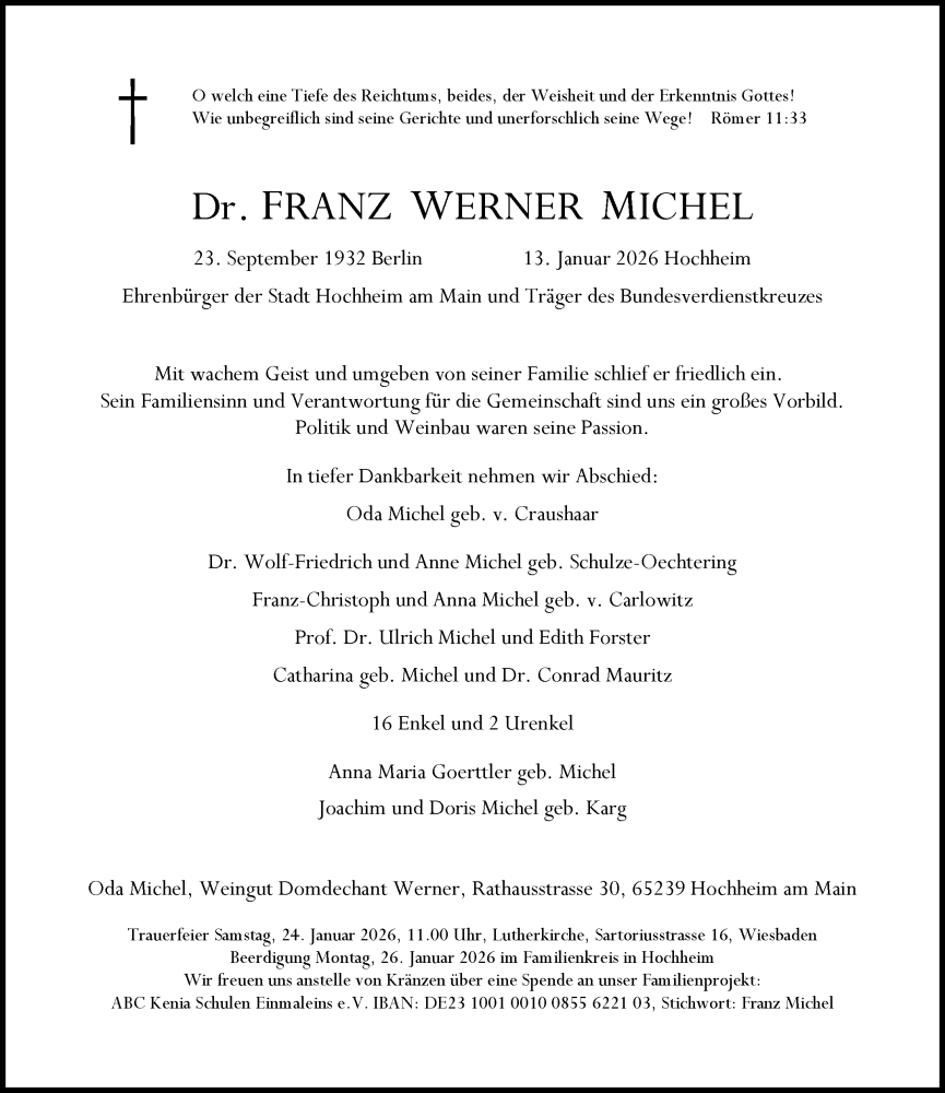  Traueranzeige für Franz Werner Michel vom 17.01.2026 aus Wiesbadener Kurier