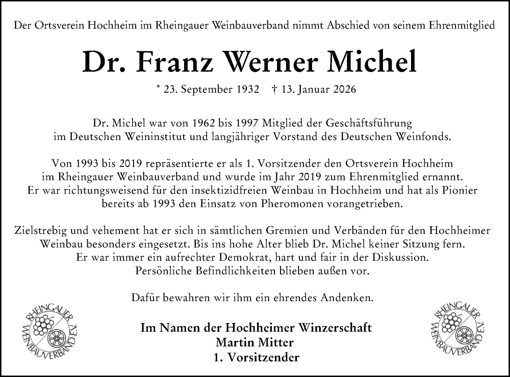  Traueranzeige für Franz Werner Michel vom 16.01.2026 aus Hochheimer Zeitung