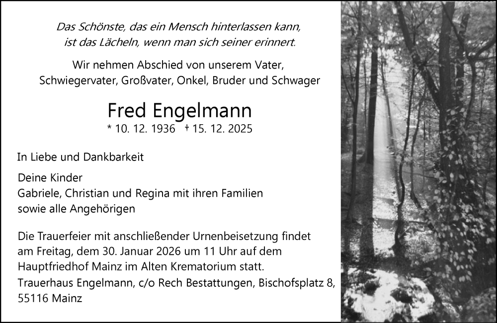  Traueranzeige für Fred Engelmann vom 10.01.2026 aus Allgemeine Zeitung Mainz