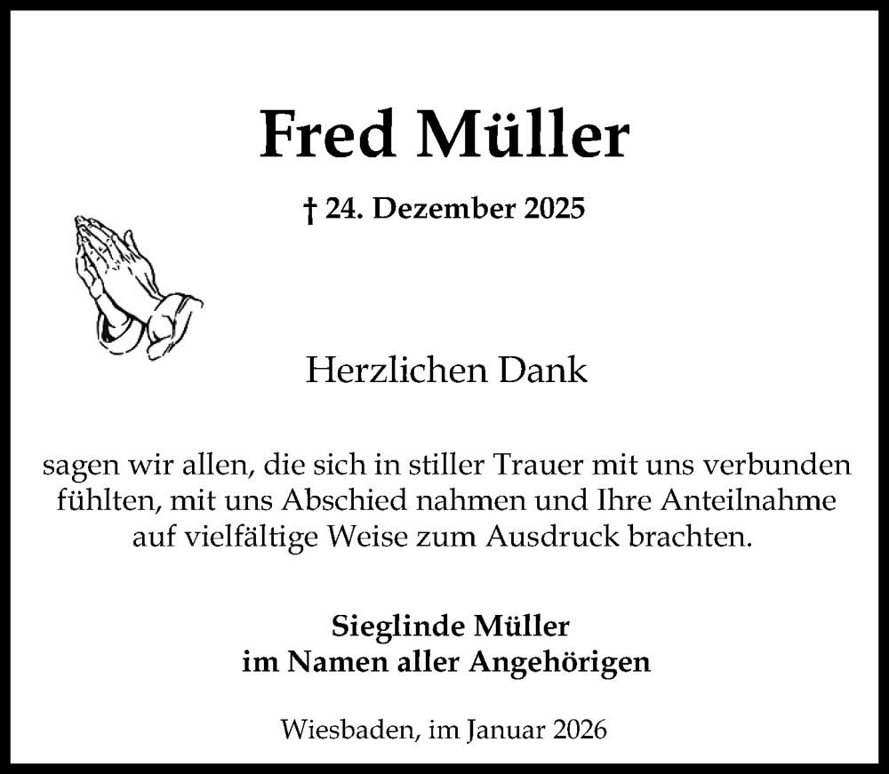 Traueranzeige für Fred Müller vom 31.01.2026 aus Wiesbadener Kurier